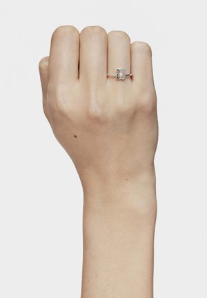 Srebrny pierścionek o kwiatowym wzorze z centralnym kamieniem. Noszony na dłoni o naturalnym odcieniu skóry. Minimalistyczny i delikatny wygląd.