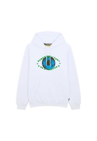 Felpa bianca in cotone con tasca a marsupio frontale. Presenta una grafica circolare blu e nera con testo verde, "A VOLTE MI SENTO VISTA ATTRAVERSO".