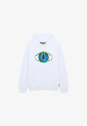 Witte katoenen hoodie met een voorzak in kangoeroestijl. Voorzien van een blauw-zwarte cirkelvormige graphic met groene tekst, "SOMETIMES I FEEL SEEN THROUGH."