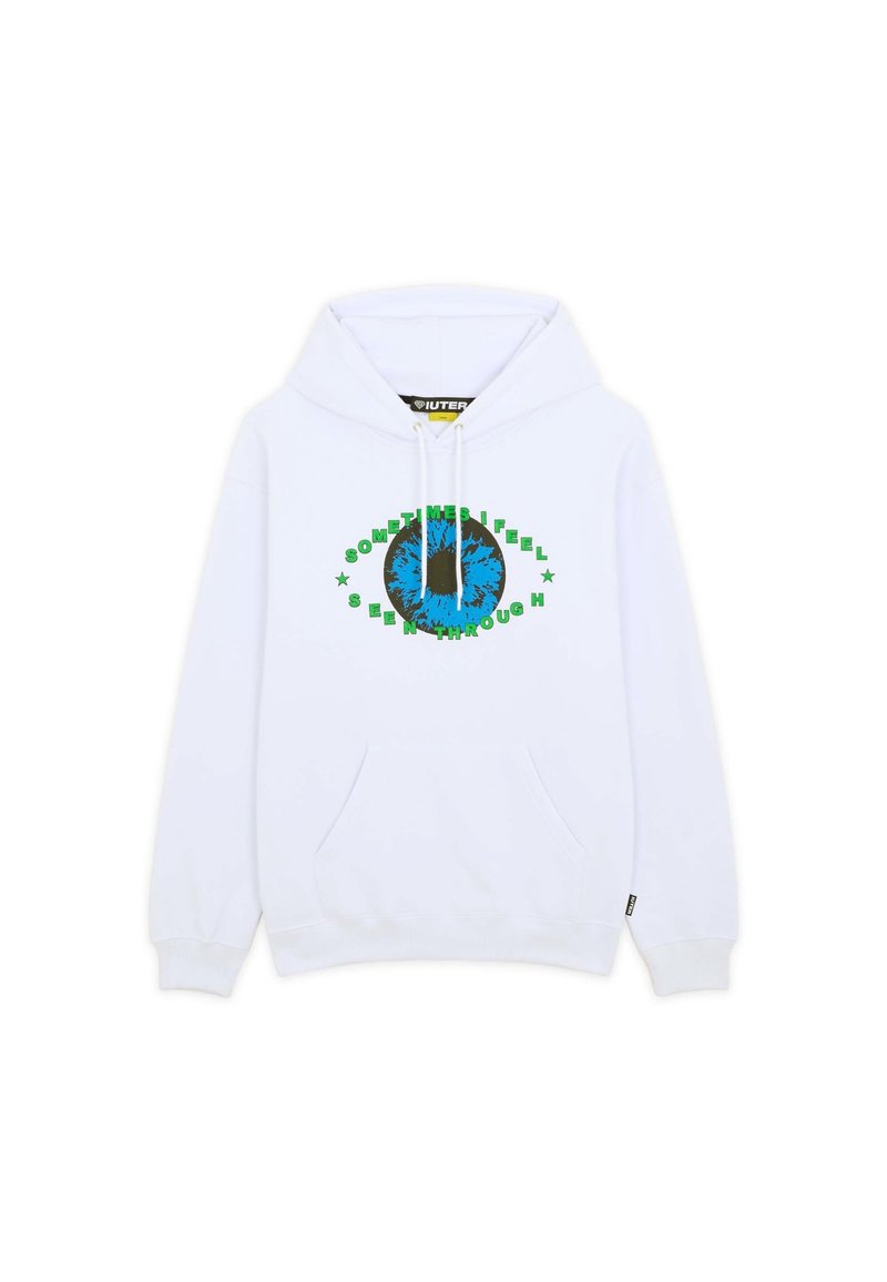 Felpa bianca in cotone con tasca a marsupio frontale. Presenta una grafica circolare blu e nera con testo verde, "A VOLTE MI SENTO VISTA ATTRAVERSO".