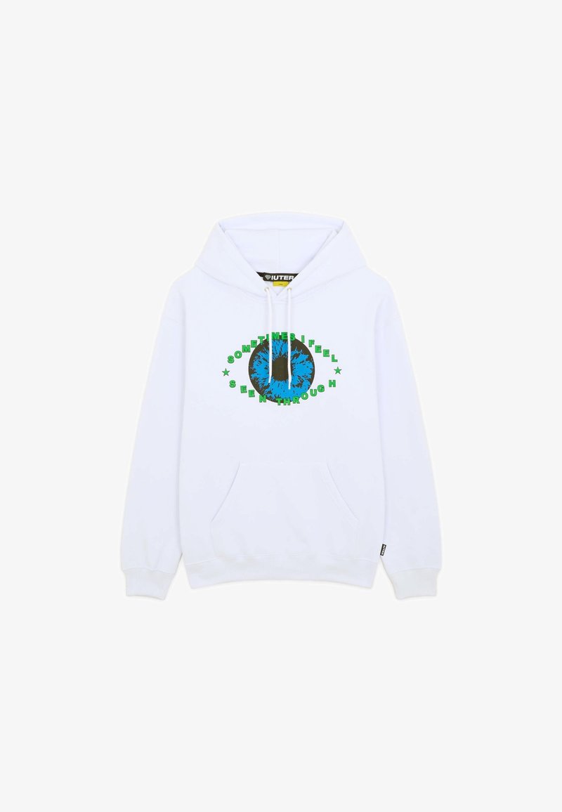 Felpa bianca in cotone con tasca a marsupio frontale. Presenta una grafica circolare blu e nera con testo verde, "A VOLTE MI SENTO VISTA ATTRAVERSO".