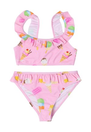 Girls' pink two-piece swimsuit with ruffles, featuring colorful ice cream and popsicle patterns on top and bottom.