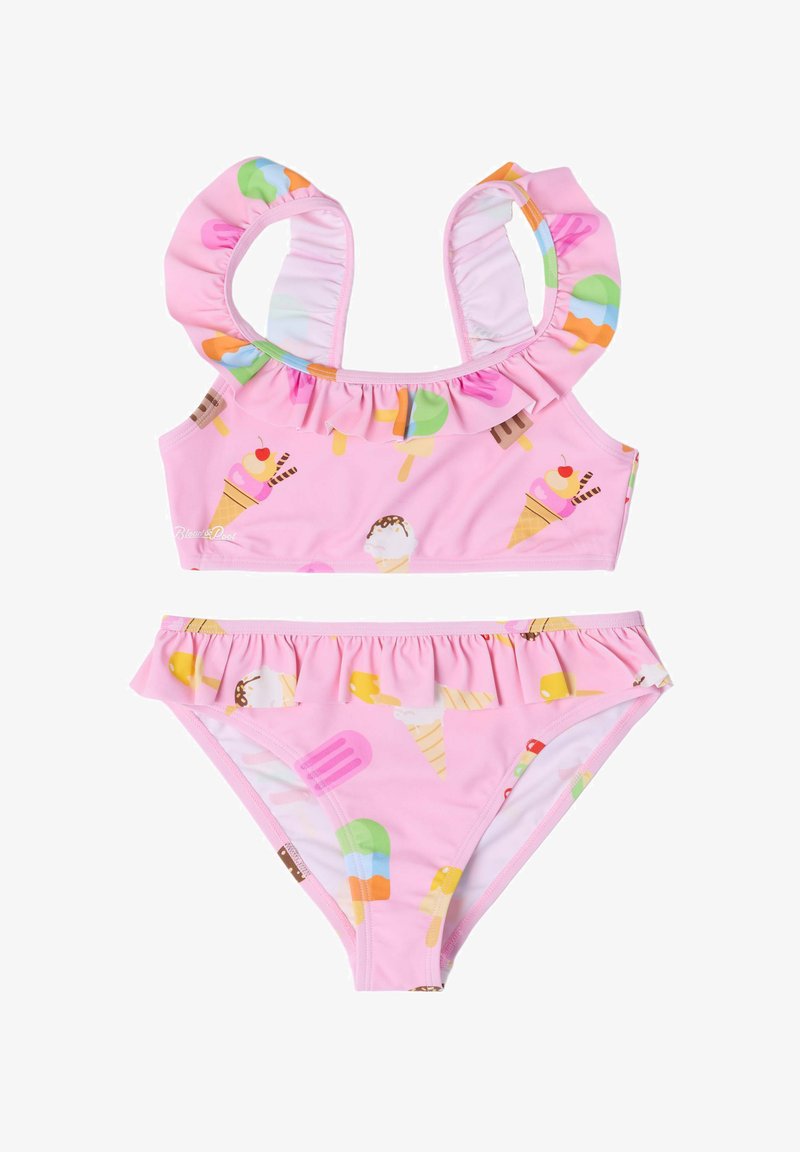 Maillot de bain deux pièces rose pour fille avec volants, arborant des motifs colorés de glace et de sucettes sur le haut et le bas.