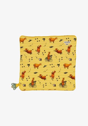 Puuvillapeite, millel on kollane triibuline taust koos mänguliste pruunide lehmade, lindude ja loomajälgede printidega. Pehme tekstuur, millel on lukuga detail.