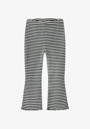 Czarno-białe poziomo paskowane dzianinowe spodnie z rozkloszowanymi nogawkami i falbanami na zakończeniach, zaprojektowane dla dzieci.