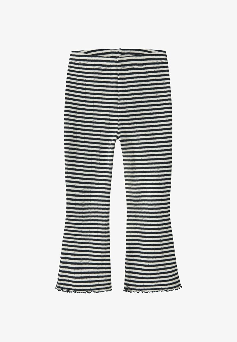 Pantalon en maille à rayures horizontales noires et blanches avec jambes évasées et ourlets à volants, conçu pour les enfants.