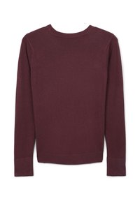 Maranthfarbener Pullover, weiche Stricktextur, Rundhalsausschnitt, lange Ärmel, gerippte Bündchen und Saum, keine auffälligen Muster oder Akzente sichtbar.