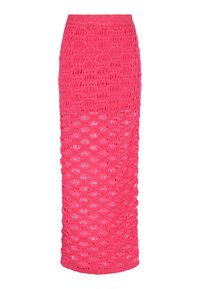 Leuchtend pinker gehäkelter Maxirock mit tailliertem Bund und halbtransparentem, offenem Strickmuster von der Taille bis zum Saum.