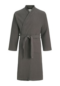 Peignoir de bain en tissu gaufré, gris foncé, avec un design enveloppant, des manches longues, une ceinture à nouer et une poche frontale. Matériau doux pour le confort.