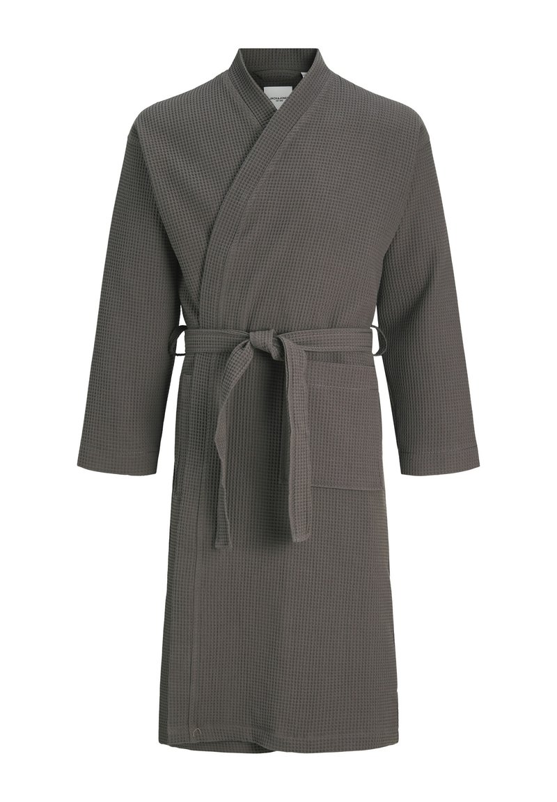 Peignoir de bain en tissu gaufré, gris foncé, avec un design enveloppant, des manches longues, une ceinture à nouer et une poche frontale. Matériau doux pour le confort.