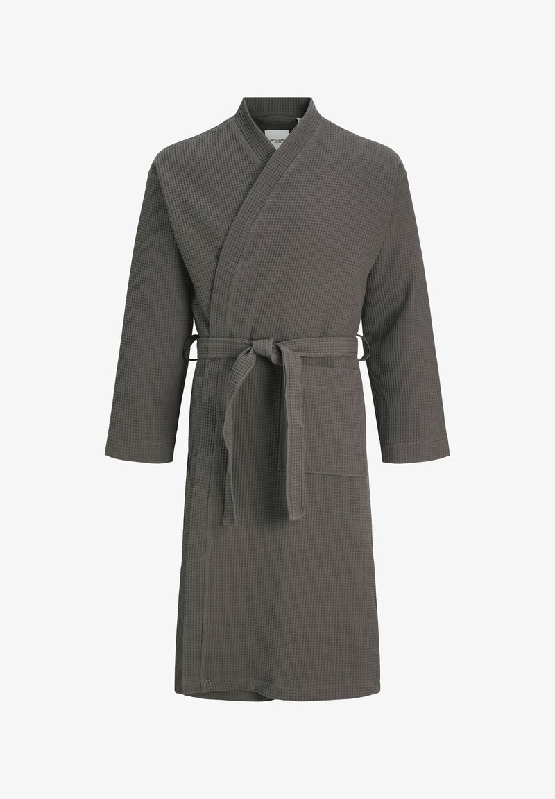 Badjas in een wafelstructuur, donkergrijs, met een wikkeldesign, lange mouwen, een strikceintuur en een voorzak. Zacht materiaal voor comfort.