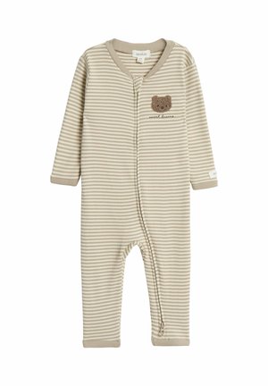 Grenouillère pour bébé à rayures beige et blanches avec manches longues, fermeture éclair à l'avant, et petite écusson ours marron avec le texte "doux rêves" sur la poitrine.