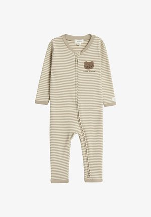 Beige og hvide stribede babyheldragt med lange ærmer, lynlås foran og lille brun bamsepatch med teksten "sweet dreams" på brystet.