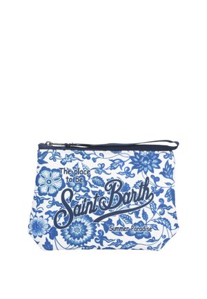 Bustina floreale bianco e blu con cerniera e cinturino da polso, con la scritta "The place to be Saint Barth Summer Paradise" in carattere decorativo.