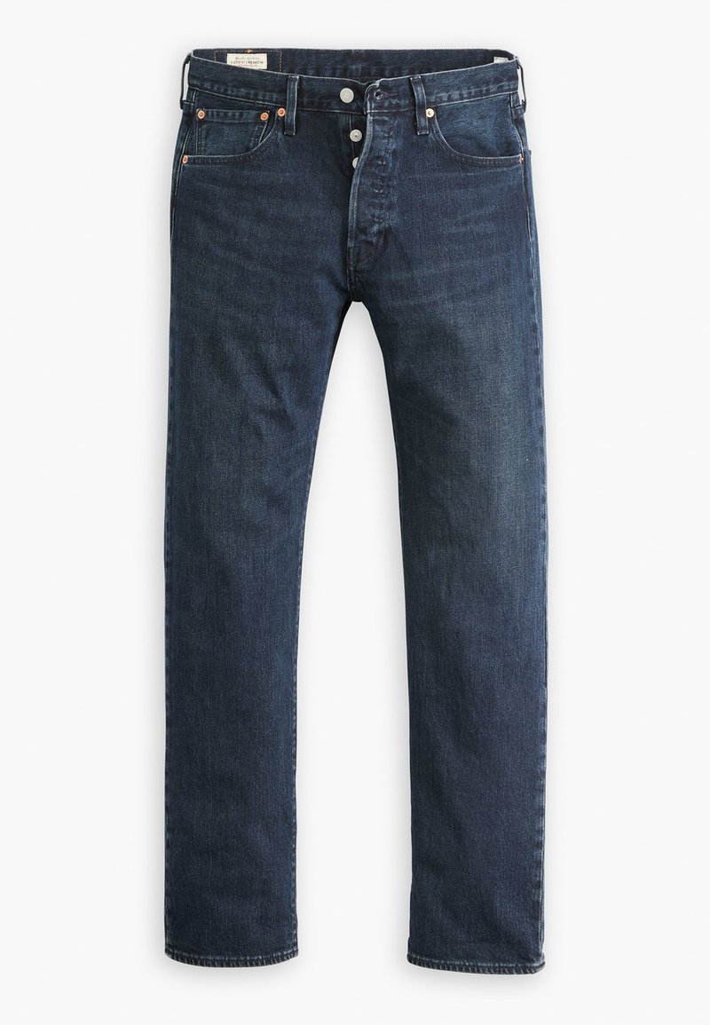 Donkerblauwe spijkerbroek met een recht gesneden ontwerp, vijf-pocket styling en metalen knoop- en klinknagelaccenten. Klassieke gestikte naden.