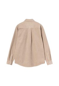 Beżowa koszula z długim rękawem z korduroy z plisowanym detalem na plecach i zapinanymi mankietami, leżąca płasko na białym tle.