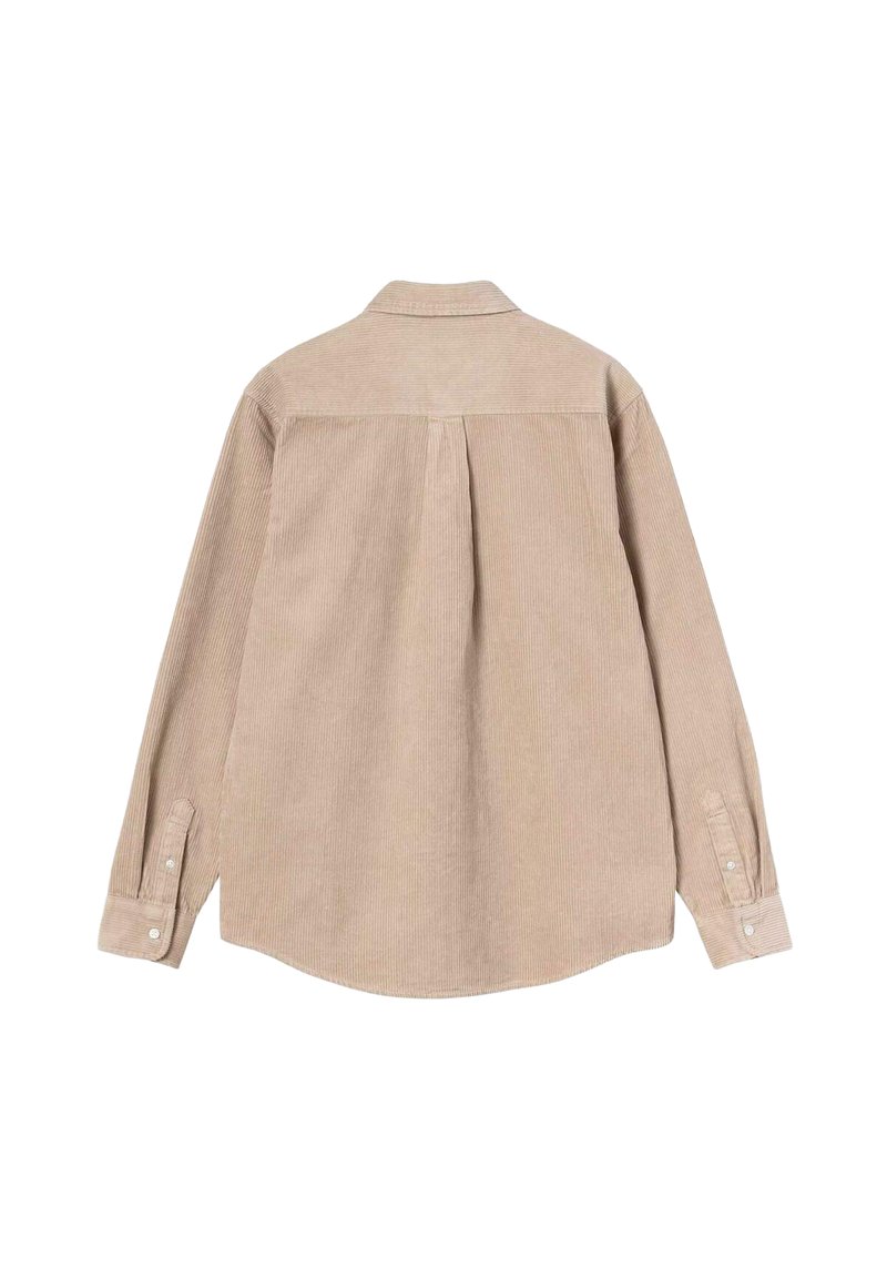 Beige kordfløjs skjorte med lange ærmer og plisse detaljer på bagsiden samt knappede manchetter, præsenteret fladt mod en hvid baggrund.