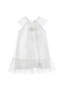 Vestido blanco de manga corta con superposici�ón de tul transparente, que presenta una impresión plateada de dos personajes. Con un dobladillo con volantes. Ideal para niños.