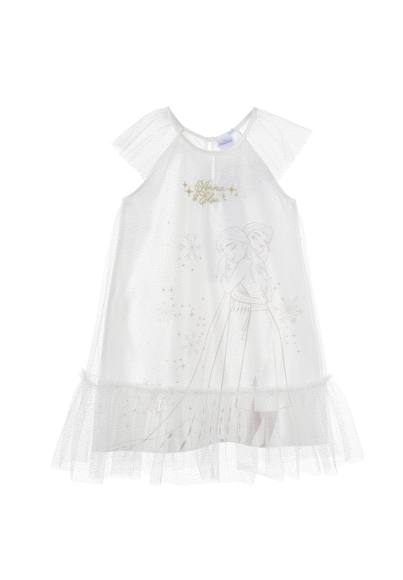 Vestido blanco de manga corta con superposición de tul transparente, que presenta una impresión plateada de dos personajes. Con un dobladillo con volantes. Ideal para niños.