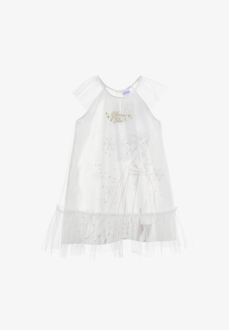 Biała, krótko rękawowa sukienka z przezroczystą tiulową narzutą, z srebrnym nadrukiem przedstawiającym dwie postacie. Urokliwie wykończona falbaną na dole. Idealna dla dzieci.