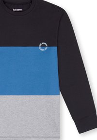 Langarm-Sweatshirt mit horizontalen Streifen in Schwarz, Blau und Grau. Verfügt über ein rundes "NO LIMIT"-Logo, das in Weiß gestickt ist. Weiches Baumwollmaterial.