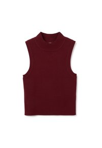 Top senza maniche bordeaux con colletto alto, realizzato in morbido tessuto a maglia, presenta un colletto rialzato e aperture per le braccia, offrendo una silhouette aderente.