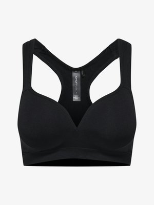 Brassière de sport noire à dos nageur avec bonnets moulés et larges bretelles, taille petite, conçue pour le soutien et le confort.
