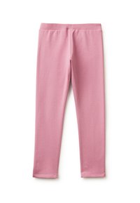 Růžové elastické legíny vyrobené z měkké tkaniny, s hladkým povrchem, elastickým pasem a přiléhavým střihem bez vzorů nebo ozdob.