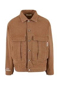 Braune Cordjacke mit Knopfverschluss, zwei Brusttaschen und einem Markenlogo-Detail am Ärmel. Normale Passform mit klassischem Kragen.