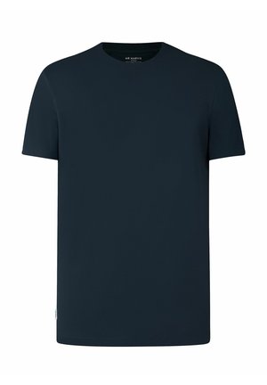 T-shirt unie bleu marine foncé à manches courtes et col rond, avec une petite étiquette de marque blanche sur le côté inférieur gauche.