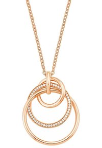 Halsband i roséguld med sammanlänkade cirkulära hängen. En ring är prydd med små, klara stenar som ger textur och detalj.