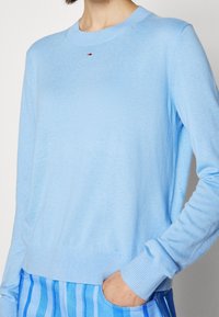 Maglione azzurro chiaro in morbido tessuto a maglia, con collo tondo e polsini a coste. Piccolo logo a contrasto sul petto.
