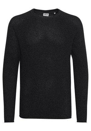 Zwarte gebreide trui met een ronde hals, lange mouwen en een gestructureerd, opengeweven ontwerp. Heeft een rechte zoom aan de onderkant.