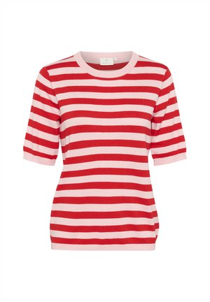 Haut en tricot à manches courtes à rayures horizontales rouges et rose clair, avec un col rond et une silhouette ajustée.