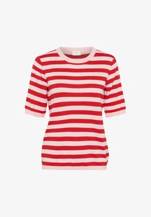 Sarkans un gaiši rozā horizontāls svītrots īsām piedurknēm adīts tops ar apaļu izgriezumu un pieguļošu siluetu.