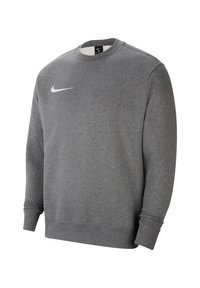 Grijze sweatshirt gemaakt van zachte stof, met een ronde hals, geribde boorden en een klein wit Nike-logo op de borst.