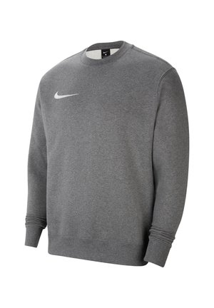 Sweatshirt gris en tissu doux, avec un col rond, des poignets côtelés et un petit logo Nike blanc sur la poitrine.