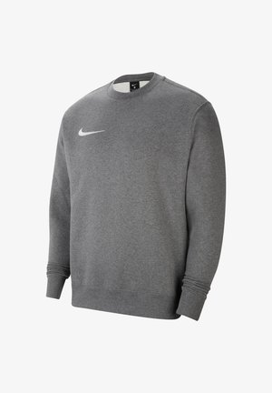 Grauer Pullover aus weichem Stoff, mit Rundhalsausschnitt, gerippten Bündchen und einem kleinen weißen Nike-Logo auf der Brust.