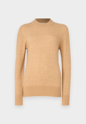 Beiger Strickpullover mit langen Ärmeln und einem hohen, gerippten Kragen. Verfügt über gerippte Bündchen und einen Saum, glatte Textur und eine taillierte Passform.