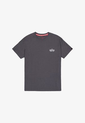 Graues Baumwoll-T-Shirt mit Rundhalsausschnitt, kurzen Ärmeln und einem weißen Stern-Graphics auf der linken Brust. Mit rotem Besatz innen am Kragen.