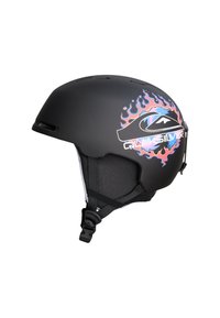 Zwarte helm met vlam ontwerp in blauw en roze. Voorzien van een verstelbare riem, ventilatieopeningen en een zachte voering.