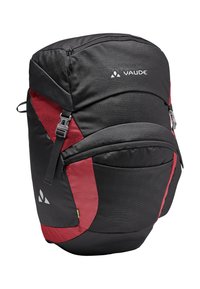 Sac à dos noir et rouge avec une finition texturée, des compartiments zippés, des bretelles ajustables et un logo distinctif à l'avant.