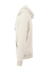 Felpa beige realizzata in tessuto morbido, dotata di tasca frontale, cappuccio con cordoncino, polsini e orlo a coste, con un design semplice e lineare.