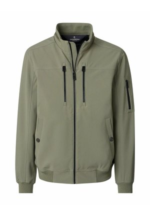 Licht olijfgroene herenjas met opstaande kraag, rits aan de voorkant, twee verticale borstzakken, twee zijzakken en een zak met rits op de mouw.