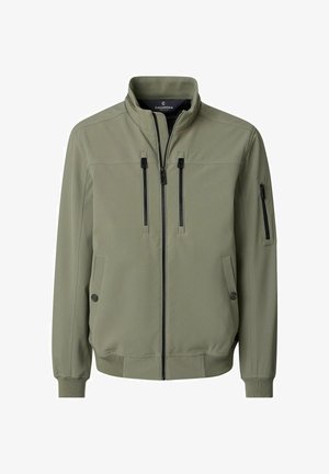 Licht olijfgroene herenjas met opstaande kraag, rits aan de voorkant, twee verticale borstzakken, twee zijzakken en een zak met rits op de mouw.