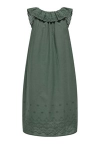 Tamnozeleni pamučni haljinu s volanima na izrezu, izvezenim detaljima i slobodnim, lepršavim siluetom. Sadrži dekorativne šavove na rubu.