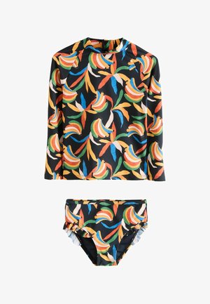 Detské dvojdielne plavky s dlhými rukávmi a nohavičkami, s farebným vzorom banánov a listov na čiernom pozadí.