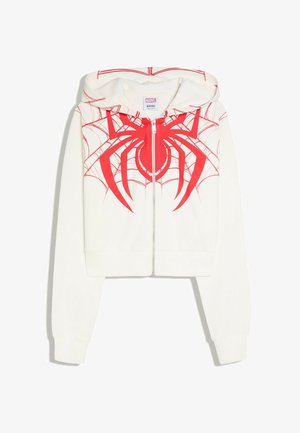 Sweat à capuche blanc zippé avec logo Spider-Man rouge et motif toile d'araignée sur la poitrine et la capuche, manches longues et poignets côtelés.