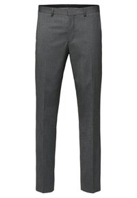 Gray tailored trousers made of a textured fabric. Features flat front, belt loops, and a slim fit design.