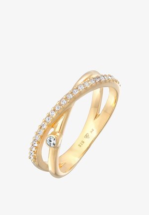 Edelstahlring mit Goldauflage, der sich mit ineinander verschlungenen Bändern präsentiert, eingelegt mit kleinen klaren Steinen an einer Kante und einem größeren zentralen Stein.